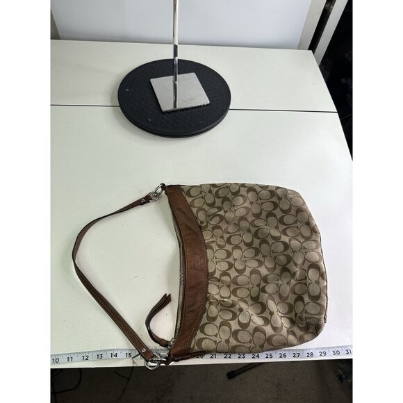 WORN - COACH F13744 Brown Signature Ashley Shoulder Leather trim Hobo Bag - Picture 5 of 12
